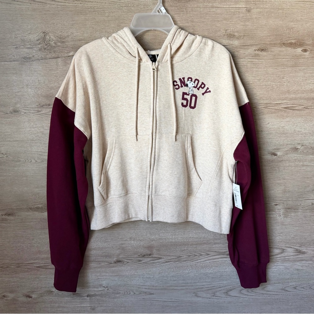 Peanuts Snoopy Zip-Up Hoodie Oatmeal Maroon Colorblock Large NWT Unisex